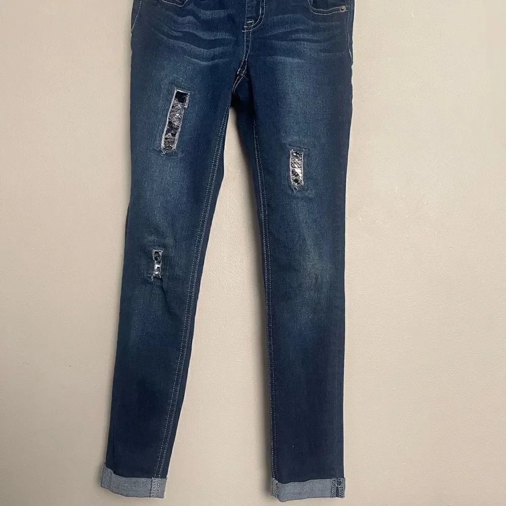 Justice Girls Overalls Size 8 Adjustable Flip Sequins Distressed Cuffed Hem Fall